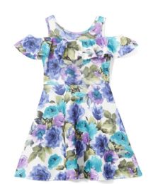 6 Pieces Girls Teal Flower Print Dress In Size 4-6x - Girls Dresses and Romper Sets