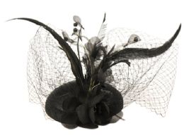 12 Pieces Sinamay Fascinator With Flower And Feather Trim In Black - Church Hats