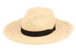 12 Wholesale Raffia Straw Raw Edge Panama Hats With Black Band