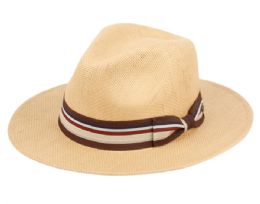 12 Wholesale Woven Paper Straw Panama Hats With Stripe Band