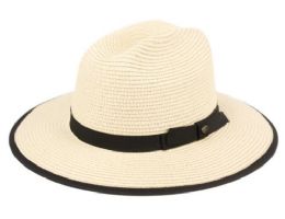 12 Wholesale Braid Paper Straw Fedora Hats With Fabric Band And Edge