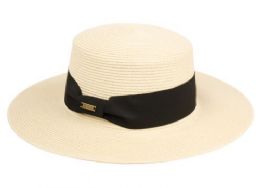 6 Wholesale Braid Paper Straw Boater Hats With Black Band In Natural Color