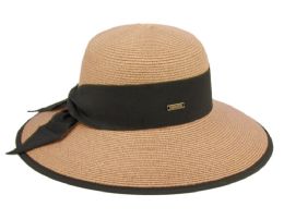 12 Wholesale Paper Straw Sun Floppy Hats With Grosgrain Band And Fabric Edge In Light Brown
