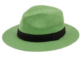 12 Wholesale Paper Straw Panama Hats With Grosgrain Band In Lime Green