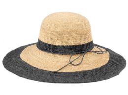 12 Wholesale Raffia Straw Two Tone Summer Floppy Hats In Natural Black