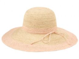 12 Bulk Raffia Straw Two Tone Summer Floppy Hats In Natural Light Pink