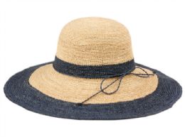 12 Wholesale Raffia Straw Two Tone Summer Floppy Hats In Natural Navy