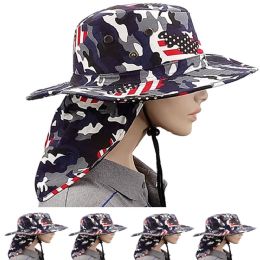 24 Wholesale Camouflage American Flag Neck Flap Boonie Hat