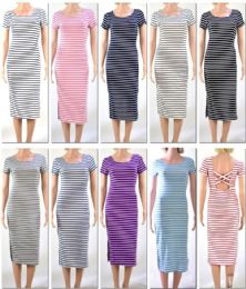 72 Pieces Women's Striped Short Sleeve Maxi Dress - Womens Sundresses & Fashion
