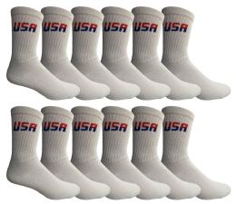 24 Bulk Yacht & Smith Men's Usa White Crew Socks Cotton Terry Cushioned , Size 10-13
