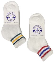 12 Wholesale Yacht & Smith Kid's Cotton White With Striped Top Quarter Ankle Socks