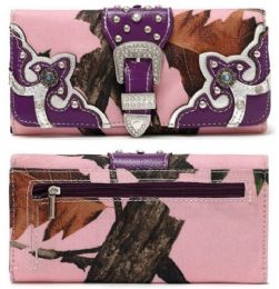 12 Pieces Rhinestone Real Tree Camo Wallet With Buckle Purple - Wallets & Handbags