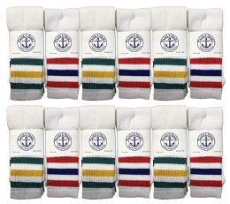 12 Pairs Yacht & Smith Kids Cotton Tube Socks Size 6-8 White With Stripes - Boys Crew Sock