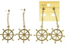 144 Pieces Nautical Ship Wheel Dangle Earrings With Drop Accents Gold Tone - Earrings