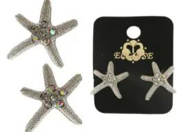 36 Pieces Nautical Starfish Stud Earrings With Crystal Accents Silver Tone - Earrings