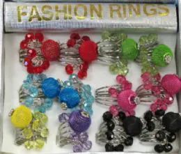 36 Bulk Silver Tone Ring With Two Different Colored Dangle Accent Beads And A Mesh Colored Ball