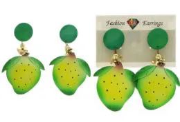 144 Wholesale Strawberry Dangle Earrings With Drop Accents Green And Yellow