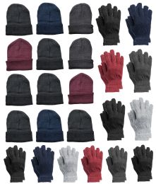 24 Bulk Yacht & Smith Mens Warm Winter Hats And Glove Set Solid Assorted Colors 24 Pieces