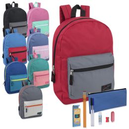 24 Wholesale Preassembled 17 Inch Color Block Backpack & 12 Piece School Supply Kit - 8 Colors