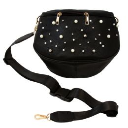 12 Wholesale Oversize Fanny Pack In Black With Pearls