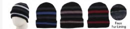 36 Pieces Adult Stripped Ribbed Beanie Hat With Faux Fur Lining - Winter Beanie Hats