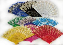96 Wholesale Colorful Fans Assorted Flower Prints With Gold Accents