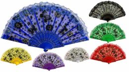 96 Wholesale Colorful Fans Flower With Butterfly Print Lace Assorted