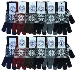 12 Pairs Yacht & Smith Mens Warm And Stretchy Snow Flake Print Winter Gloves - Knitted Stretch Gloves