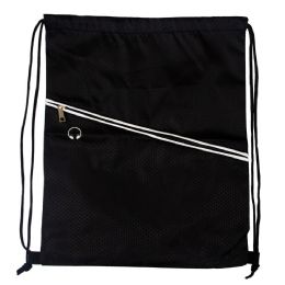 48 Pieces Drawstring Cinch Backpacks With Zipper Pocket In Black - Draw String & Sling Packs