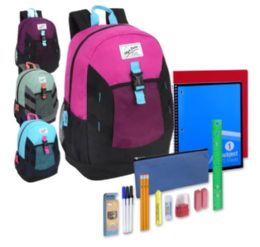 24 of Preassembled 18 Inch High Trails Clip Pocket Backpack & 20 Piece School Supply Kit - Girls