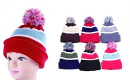 72 Wholesale Men's Striped Winter Hat With Pom Pom