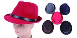 72 Wholesale Flannel Fedora Hat With Leather Detail