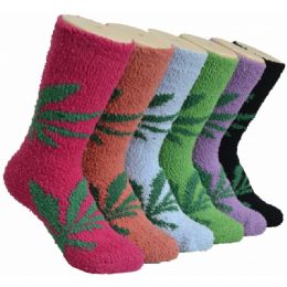 180 Units of Women's Fluffy Cozy Socks With Leaf Print - Womens Fuzzy Socks