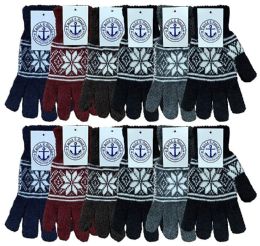 12 Pairs Wholesale Bulk Winter Magic Gloves Warm Brushed Interior, Stretchy Assorted Mens Womens (mens/snowflakes, 12) - Knitted Stretch Gloves