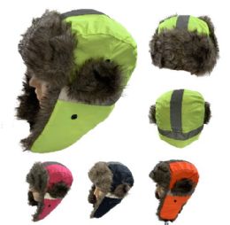 24 Wholesale Aviator Hat With Fur Trim [neon With Reflective Strip]