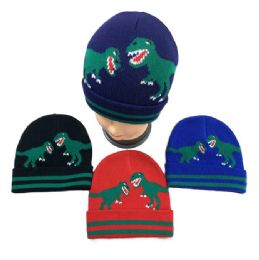 24 Wholesale Child's Dinosaurs Knitted Cuffed Winter Hat
