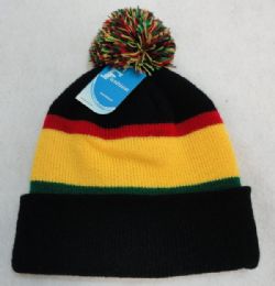 24 Pieces DoublE-Layer Knitted Hat With Pompom [black/red/yellow/green] - Winter Beanie Hats