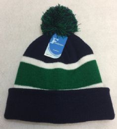 24 Wholesale DoublE-Layer Knitted Hat With Pompom [navy/green]