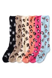 120 Wholesale Womens Leopard Print Fuzzy Plush Knee High Socks