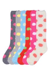 120 Wholesale Womens Polka Dot Print Fuzzy Plush Knee High Socks