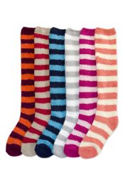 120 Units of Womens Striped Fuzzy Plush Knee High Socks - Womens Fuzzy Socks