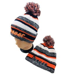 48 Wholesale Denver Knitted Hat With Pom Pom Embroidered Stripes