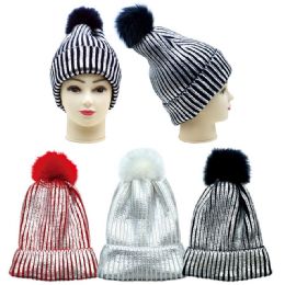 36 Wholesale Women's Fashion Knitted Metallic Hat With Pom Pom