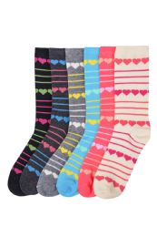 180 Wholesale Women's Crew Socks L.weight Heart And Stripe Design