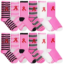 12 Wholesale Yacht & Smith Women's Pink Ribbon Breast Cancer Awareness Crew Socks