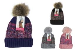24 Pieces Ladies Fur Lined Pom Pom Hat - Winter Beanie Hats