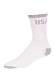 120 Wholesale Men's Usa Printed Crew Socks In White Grey Heel And Toe 10-13