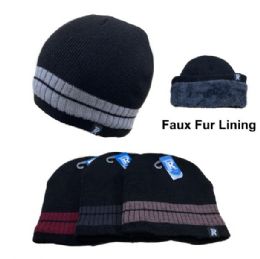 48 Pieces PlusH-Lined Knit Beanie Solid Color With Stripes - Winter Beanie Hats