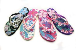 48 Wholesale Womens Flowery Flip Flops With Decorative Straps