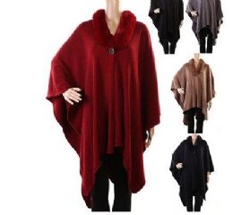 18 Bulk Womens Polyester Winter Cape With Fur Collar Assorted Colors